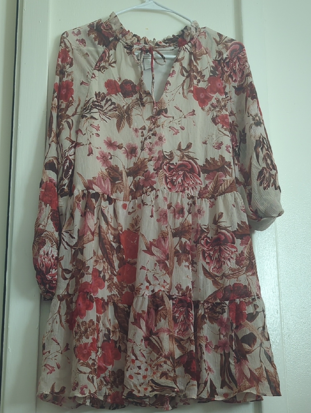 Boho Floral Tiered Tunic Dress in Cream and Rose